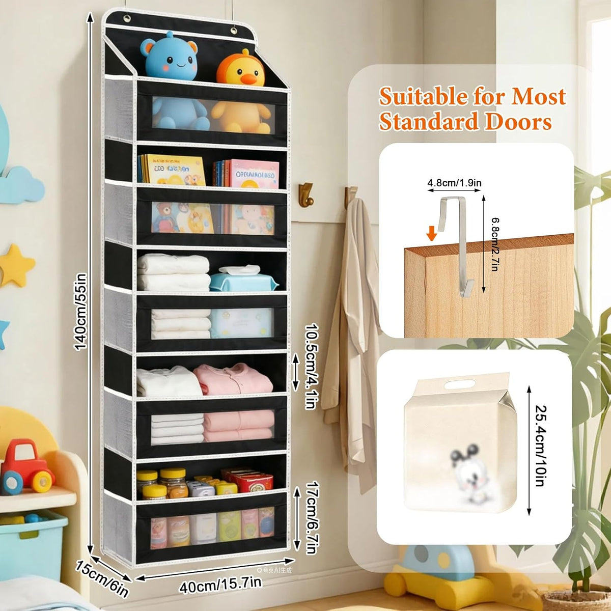 Over the Door Organizer 5-Tier, Heavy Duty Behind Door Storage, Anti-Tilt Capacity, Door Hanging Organizer with Clear Window for Closet, Bathroom, Nursery, Bedroom, Pantry, Shoe Diaper (Light Gray)