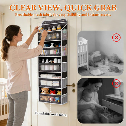 Over the Door Organizer 5-Tier, Heavy Duty Behind Door Storage, Anti-Tilt Capacity, Door Hanging Organizer with Clear Window for Closet, Bathroom, Nursery, Bedroom, Pantry, Shoe Diaper (Light Gray)