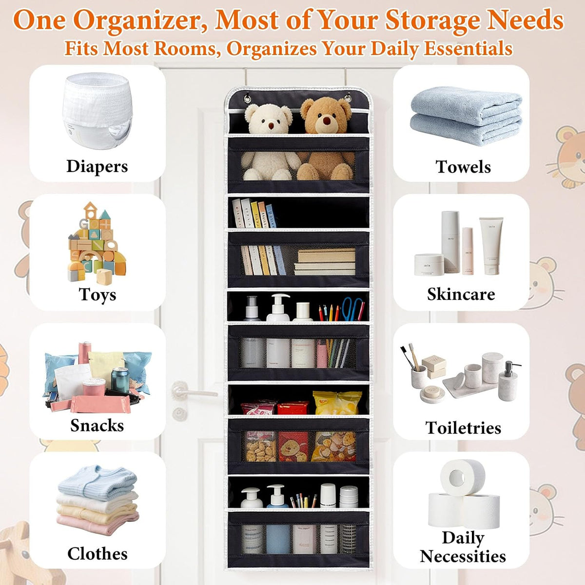 Over the Door Organizer 5-Tier, Heavy Duty Behind Door Storage, Anti-Tilt Capacity, Door Hanging Organizer with Clear Window for Closet, Bathroom, Nursery, Bedroom, Pantry, Shoe Diaper (Light Gray)