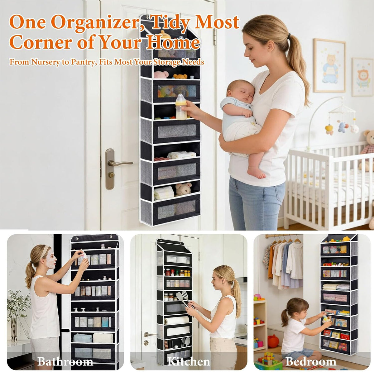 Over the Door Organizer 5-Tier, Heavy Duty Behind Door Storage, Anti-Tilt Capacity, Door Hanging Organizer with Clear Window for Closet, Bathroom, Nursery, Bedroom, Pantry, Shoe Diaper (Light Gray)