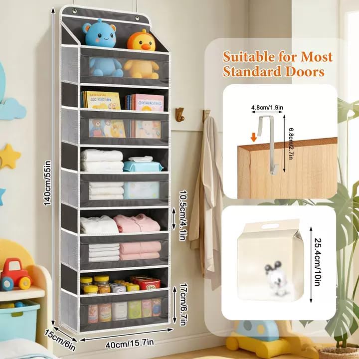 Over the Door Organizer 5-Tier, Heavy Duty Behind Door Storage, Anti-Tilt Capacity, Door Hanging Organizer with Clear Window for Closet, Bathroom, Nursery, Bedroom, Pantry, Shoe Diaper (Light Gray)