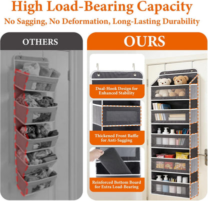Over the Door Organizer 5-Tier, Heavy Duty Behind Door Storage, Anti-Tilt Capacity, Door Hanging Organizer with Clear Window for Closet, Bathroom, Nursery, Bedroom, Pantry, Shoe Diaper (Light Gray)