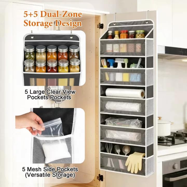 Over the Door Organizer 5-Tier, Heavy Duty Behind Door Storage, Anti-Tilt Capacity, Door Hanging Organizer with Clear Window for Closet, Bathroom, Nursery, Bedroom, Pantry, Shoe Diaper (Light Gray)