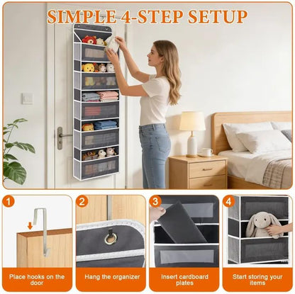 Over the Door Organizer 5-Tier, Heavy Duty Behind Door Storage, Anti-Tilt Capacity, Door Hanging Organizer with Clear Window for Closet, Bathroom, Nursery, Bedroom, Pantry, Shoe Diaper (Light Gray)