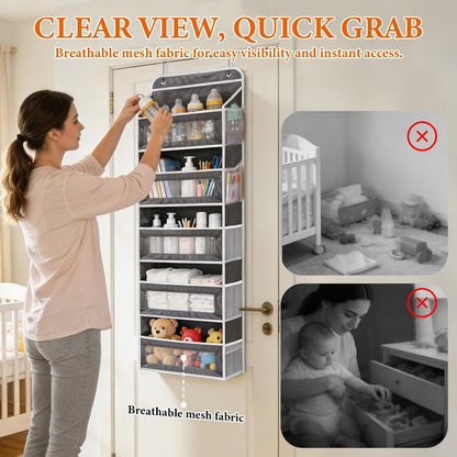 Over the Door Organizer 5-Tier, Heavy Duty Behind Door Storage, Anti-Tilt Capacity, Door Hanging Organizer with Clear Window for Closet, Bathroom, Nursery, Bedroom, Pantry, Shoe Diaper (Light Gray)