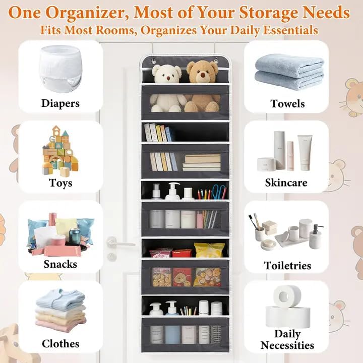 Over the Door Organizer 5-Tier, Heavy Duty Behind Door Storage, Anti-Tilt Capacity, Door Hanging Organizer with Clear Window for Closet, Bathroom, Nursery, Bedroom, Pantry, Shoe Diaper (Light Gray)