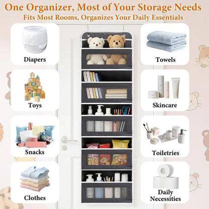 Over the Door Organizer 5-Tier, Heavy Duty Behind Door Storage, Anti-Tilt Capacity, Door Hanging Organizer with Clear Window for Closet, Bathroom, Nursery, Bedroom, Pantry, Shoe Diaper (Light Gray)