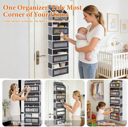 Over the Door Organizer 5-Tier, Heavy Duty Behind Door Storage, Anti-Tilt Capacity, Door Hanging Organizer with Clear Window for Closet, Bathroom, Nursery, Bedroom, Pantry, Shoe Diaper (Light Gray)