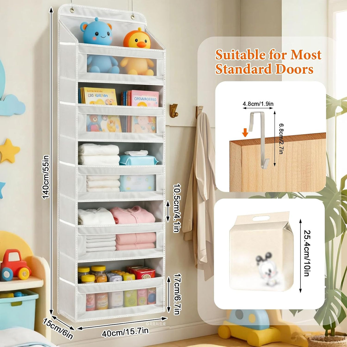 Over the Door Organizer 5-Tier, Heavy Duty Behind Door Storage, Anti-Tilt Capacity, Door Hanging Organizer with Clear Window for Closet, Bathroom, Nursery, Bedroom, Pantry, Shoe Diaper (Light Gray)