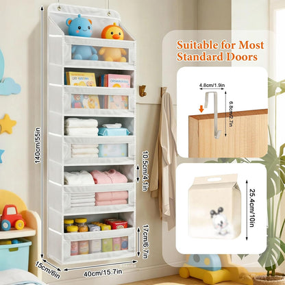 Over the Door Organizer 5-Tier, Heavy Duty Behind Door Storage, Anti-Tilt Capacity, Door Hanging Organizer with Clear Window for Closet, Bathroom, Nursery, Bedroom, Pantry, Shoe Diaper (Light Gray)