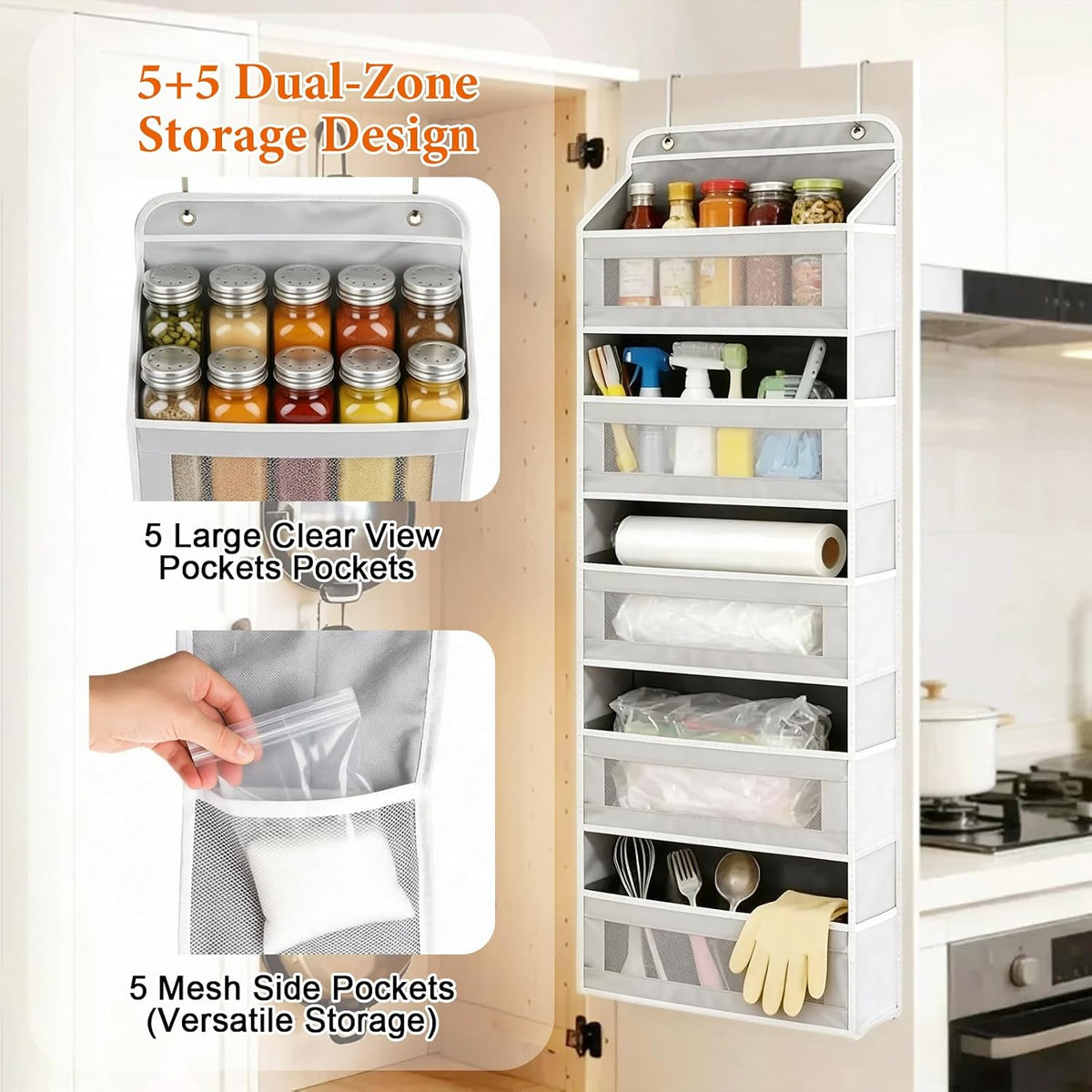 Over the Door Organizer 5-Tier, Heavy Duty Behind Door Storage, Anti-Tilt Capacity, Door Hanging Organizer with Clear Window for Closet, Bathroom, Nursery, Bedroom, Pantry, Shoe Diaper (Light Gray)