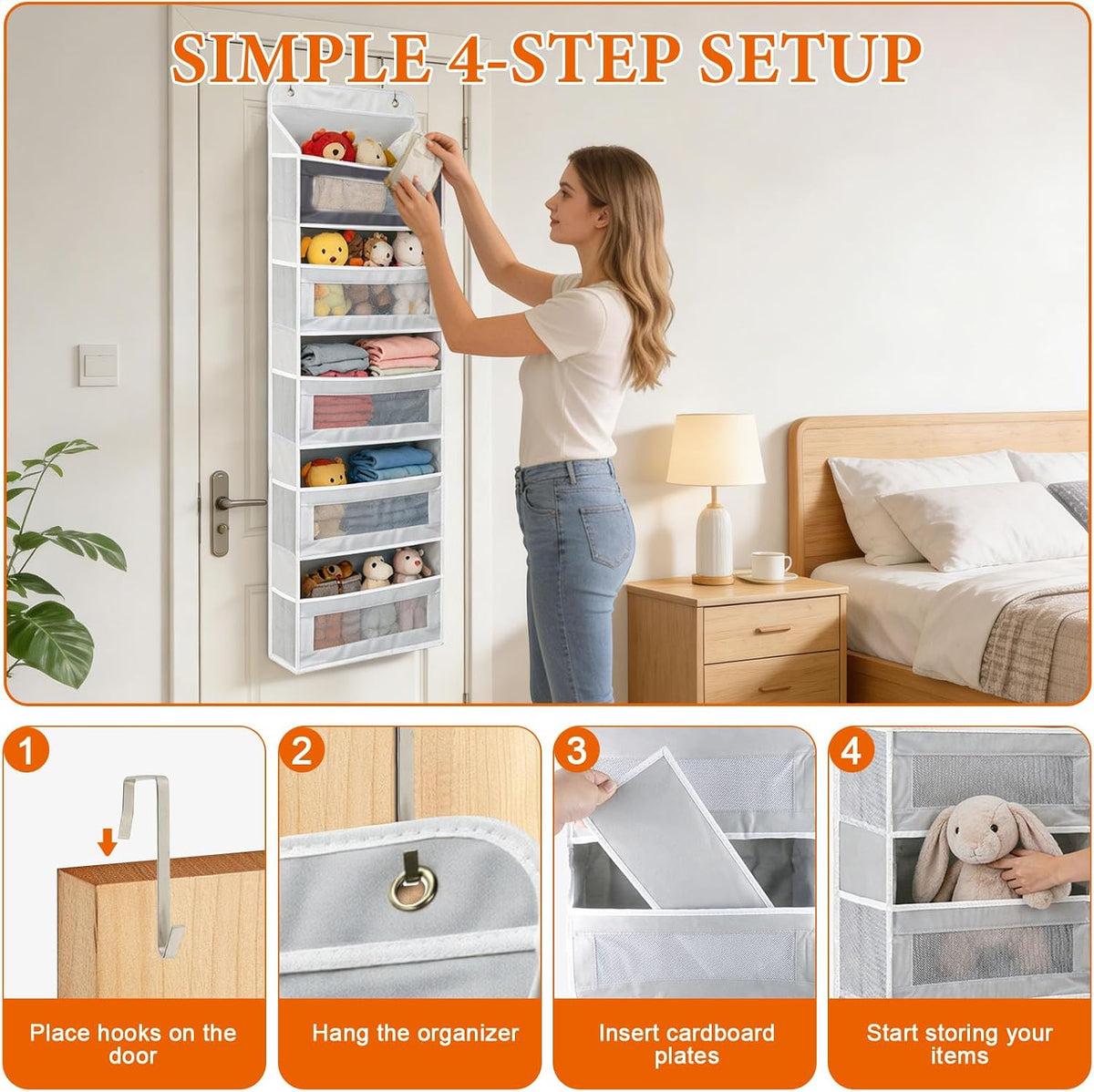 Over the Door Organizer 5-Tier, Heavy Duty Behind Door Storage, Anti-Tilt Capacity, Door Hanging Organizer with Clear Window for Closet, Bathroom, Nursery, Bedroom, Pantry, Shoe Diaper (Light Gray)