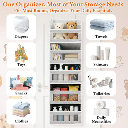 Over the Door Organizer 5-Tier, Heavy Duty Behind Door Storage, Anti-Tilt Capacity, Door Hanging Organizer with Clear Window for Closet, Bathroom, Nursery, Bedroom, Pantry, Shoe Diaper (Light Gray)
