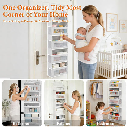 Over the Door Organizer 5-Tier, Heavy Duty Behind Door Storage, Anti-Tilt Capacity, Door Hanging Organizer with Clear Window for Closet, Bathroom, Nursery, Bedroom, Pantry, Shoe Diaper (Light Gray)