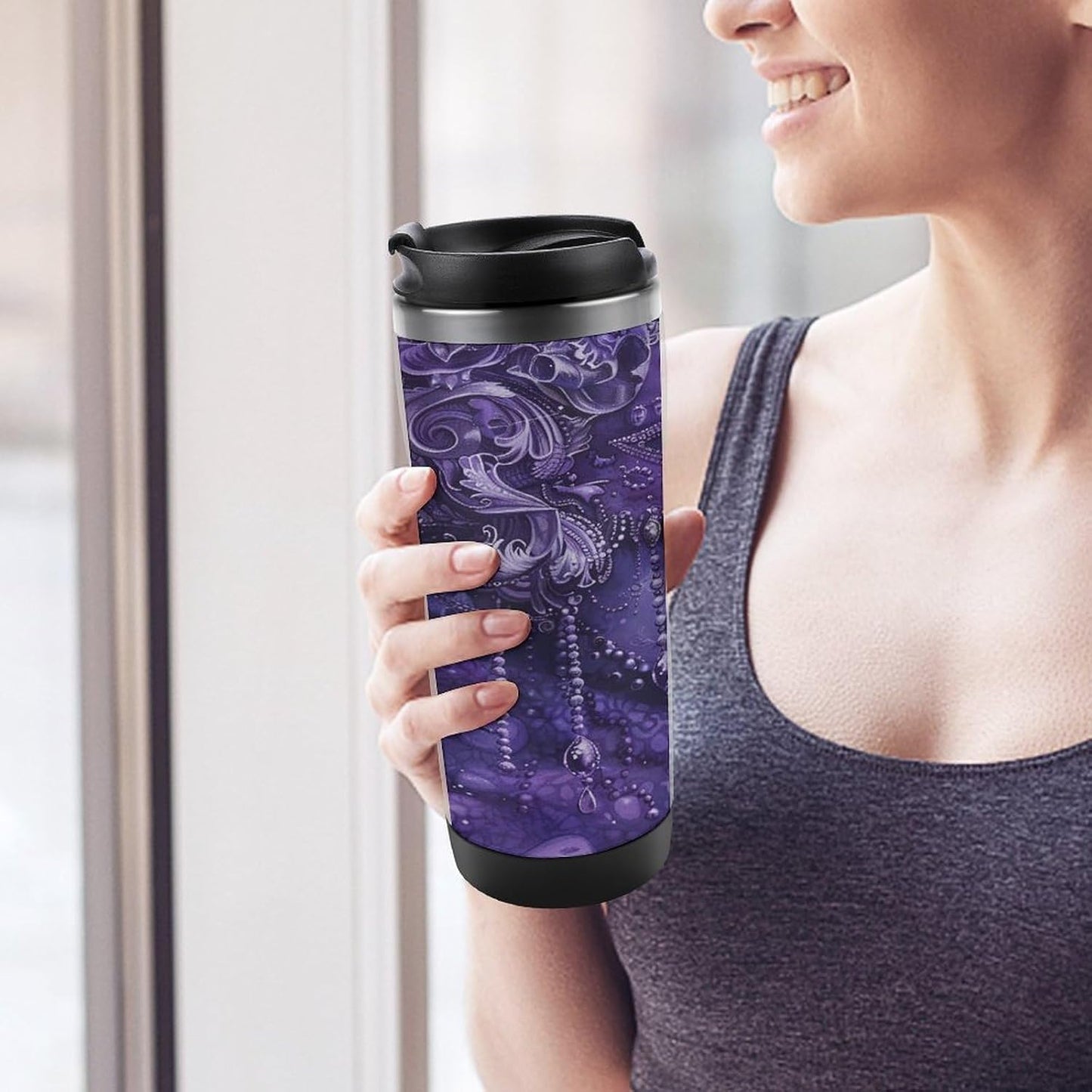 13oz Insulated Travel Coffee Mug Reusable Coffee Cup Water Bottle | Purple Gradient Texture Travel Mug with Leak Proof Lid Double Wall Stainless Steel Coffee Tumbler Personalized Gift