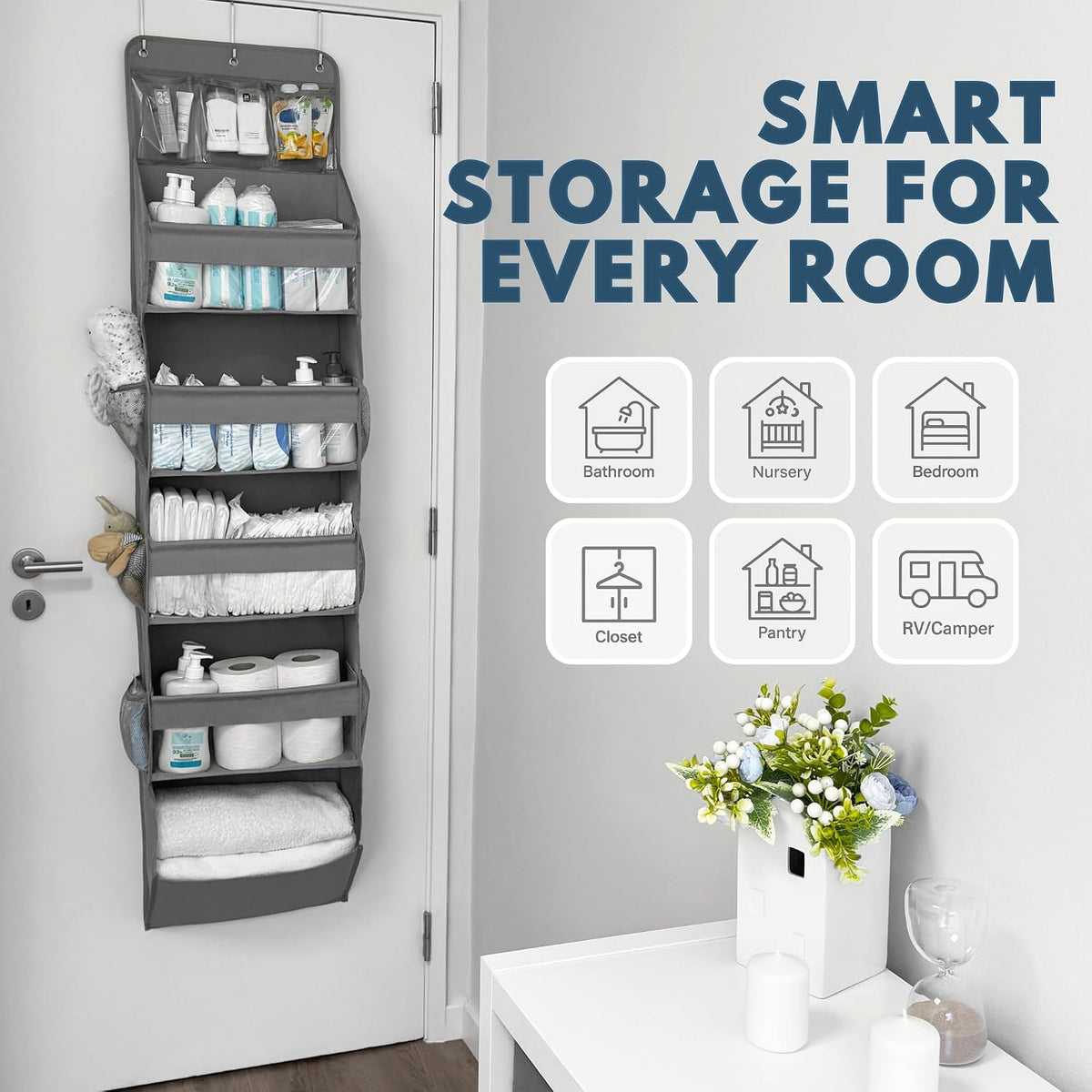 Over The Door Organizer Hanging with 5 Large & 6 Side Pockets 5 Tier Behind Door Storage 50 lbs for Closet, Nursery, Bathroom Door Organizer