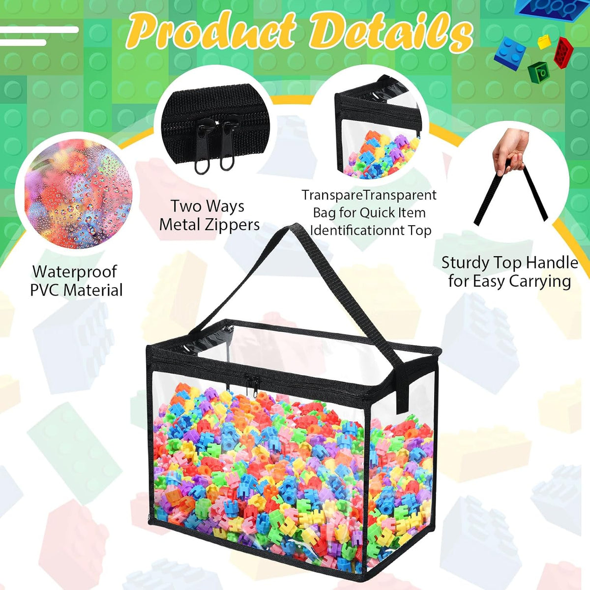 3 Pcs Clear Toy Storage Bags with Zipper Building Blocks,Black