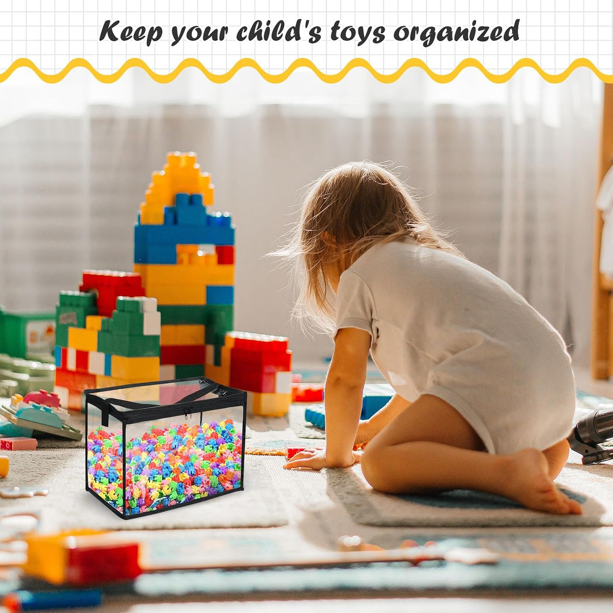 3 Pcs Clear Toy Storage Bags with Zipper Building Blocks,Black