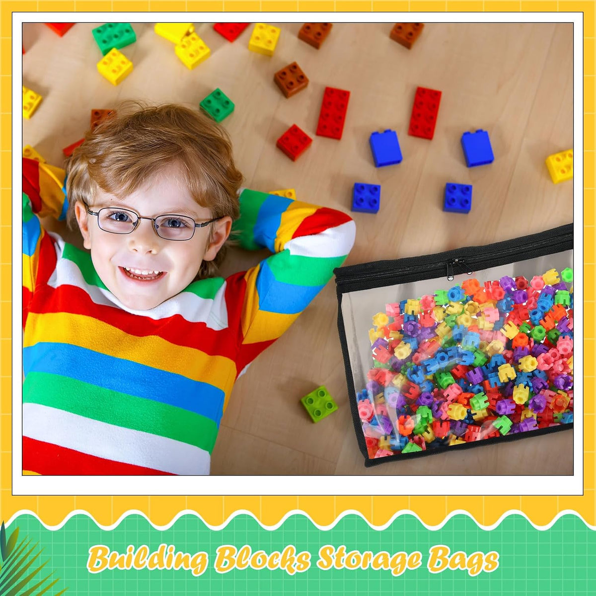 3 Pcs Clear Toy Storage Bags with Zipper Building Blocks,Black