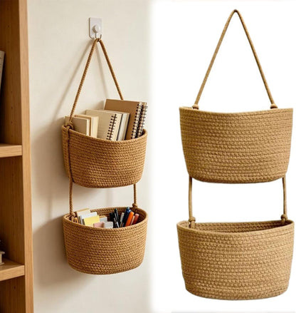 Woven Cotton 3-Tier Over the Door Basket, Boho Hanging Wall Organizer with 3 Storage Layers, Versatile Removable Basket for Kitchen Bedroom Closet Entryway, Space-Saving Home Decor (2 layers)
