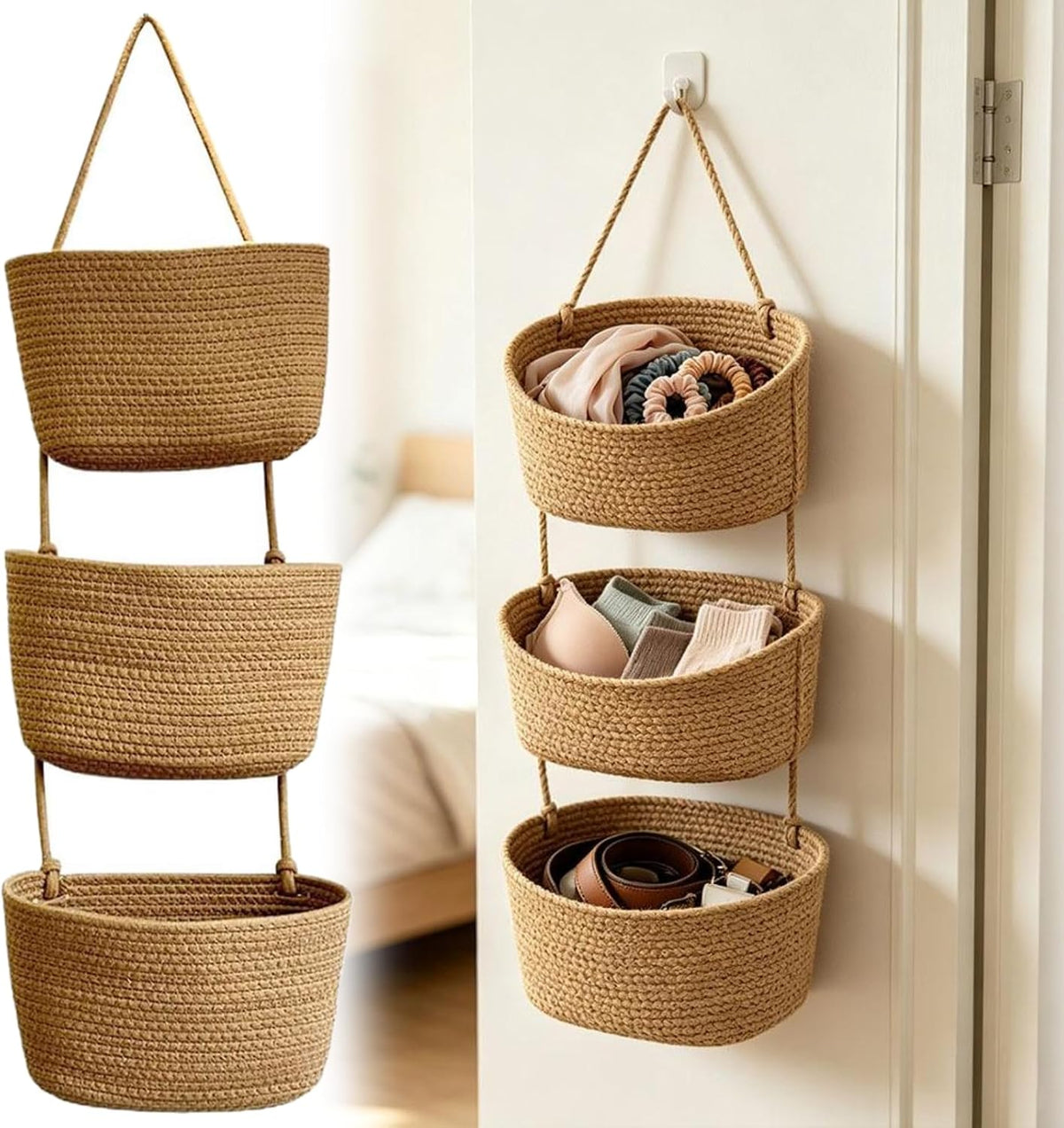 Woven Cotton 3-Tier Over the Door Basket, Boho Hanging Wall Organizer with 3 Storage Layers, Versatile Removable Basket for Kitchen Bedroom Closet Entryway, Space-Saving Home Decor (2 layers)