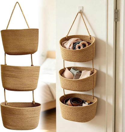 Woven Cotton 3-Tier Over the Door Basket, Boho Hanging Wall Organizer with 3 Storage Layers, Versatile Removable Basket for Kitchen Bedroom Closet Entryway, Space-Saving Home Decor (2 layers)