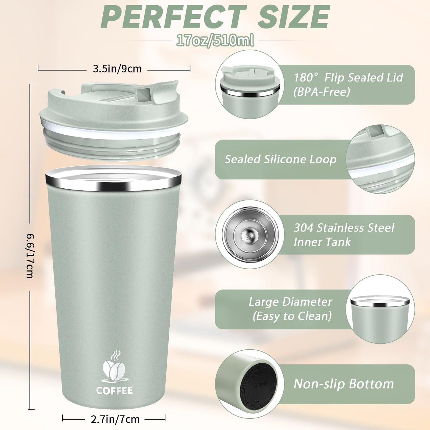 Insulated Travel Coffee Mug Reusable Coffee Tumbler Cup with Flip Lid Leak Proof Spill Proof for Office School Party Camping Hot and Cold Drink,Stainless Steel 17oz (Navy Blue)