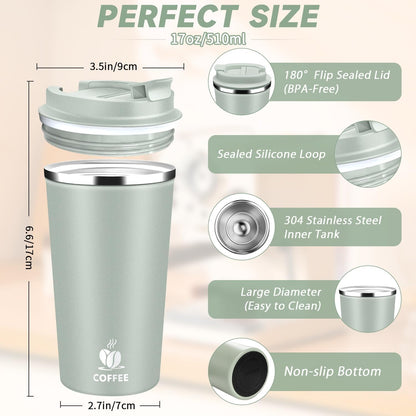 Insulated Travel Coffee Mug Reusable Coffee Tumbler Cup with Flip Lid Leak Proof Spill Proof for Office School Party Camping Hot and Cold Drink,Stainless Steel 17oz (Navy Blue)