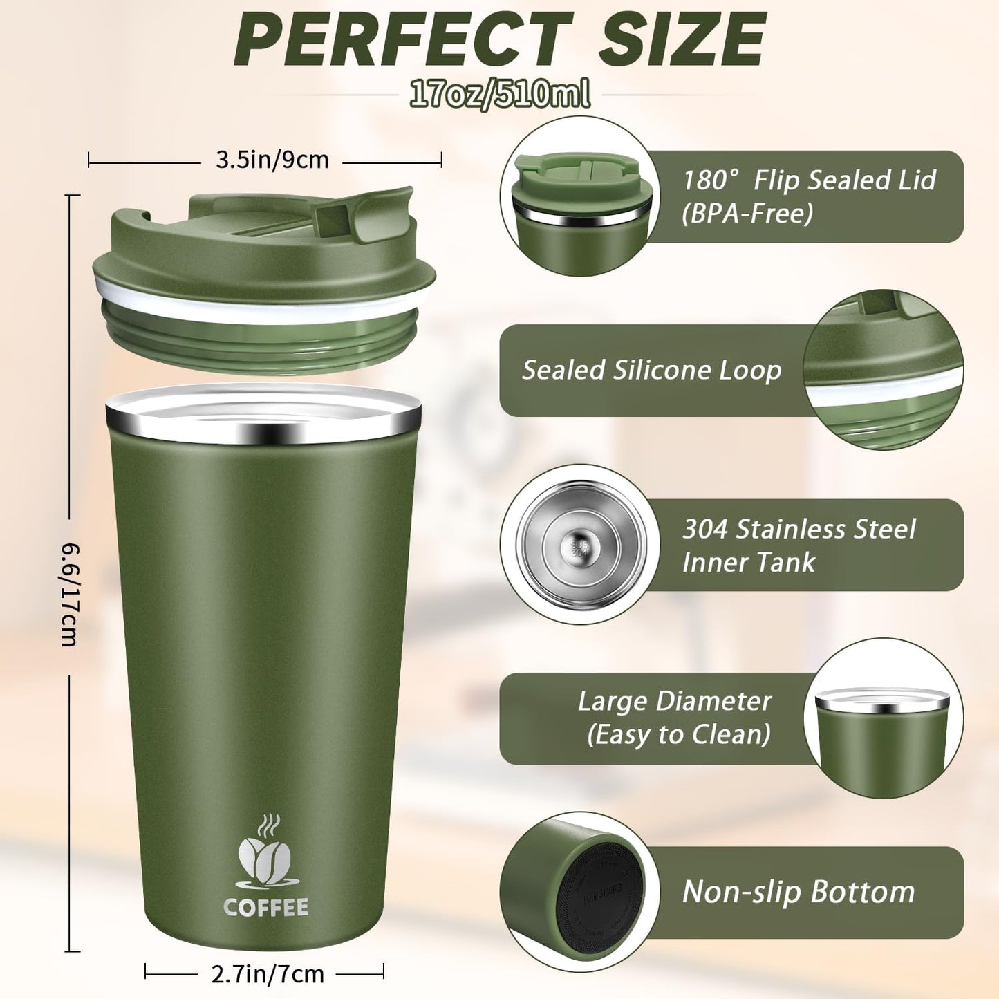 Insulated Travel Coffee Mug Reusable Coffee Tumbler Cup with Flip Lid Leak Proof Spill Proof for Office School Party Camping Hot and Cold Drink,Stainless Steel 17oz (Navy Blue)