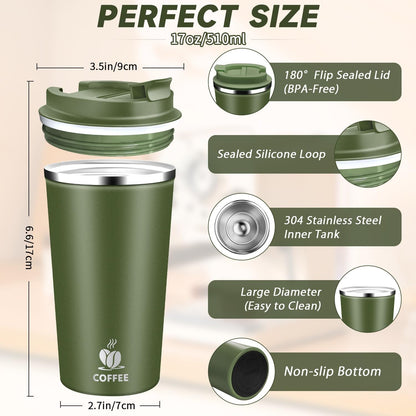 Insulated Travel Coffee Mug Reusable Coffee Tumbler Cup with Flip Lid Leak Proof Spill Proof for Office School Party Camping Hot and Cold Drink,Stainless Steel 17oz (Navy Blue)