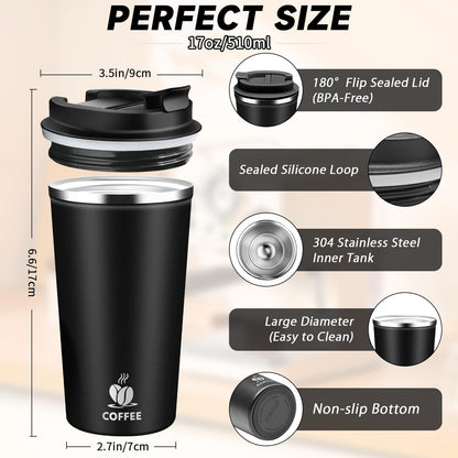 Insulated Travel Coffee Mug Reusable Coffee Tumbler Cup with Flip Lid Leak Proof Spill Proof for Office School Party Camping Hot and Cold Drink,Stainless Steel 17oz (Navy Blue)