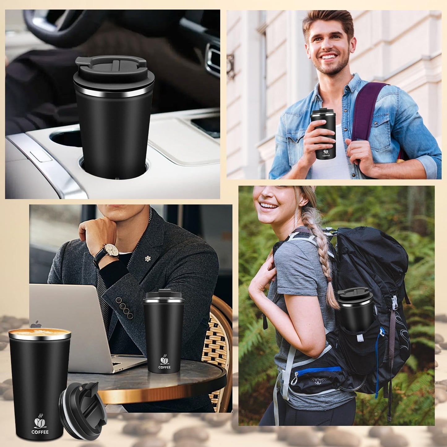 Insulated Travel Coffee Mug Reusable Coffee Tumbler Cup with Flip Lid Leak Proof Spill Proof for Office School Party Camping Hot and Cold Drink,Stainless Steel 17oz (Navy Blue)