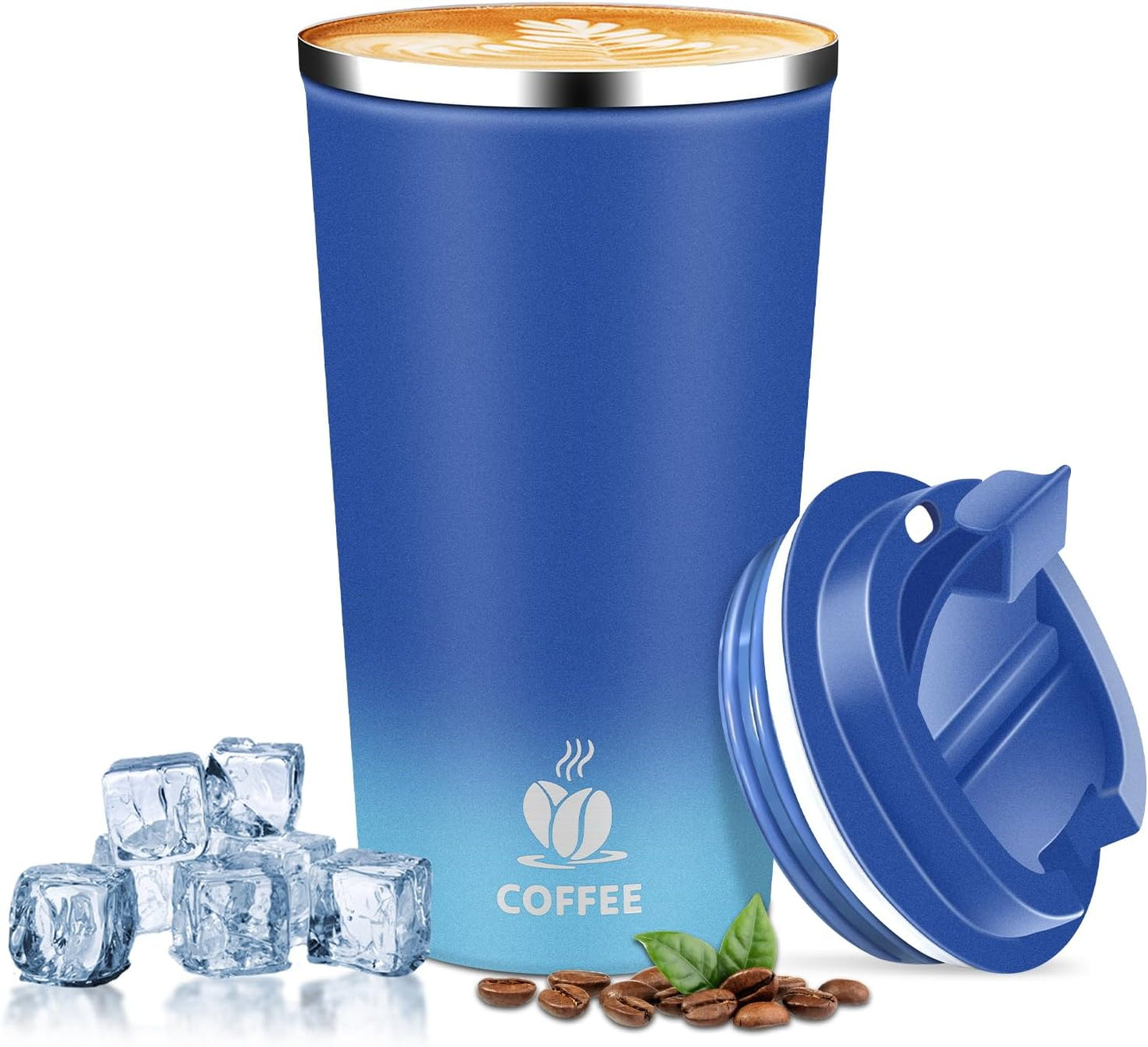 Insulated Travel Coffee Mug Reusable Coffee Tumbler Cup with Flip Lid Leak Proof Spill Proof for Office School Party Camping Hot and Cold Drink,Stainless Steel 17oz (Navy Blue)