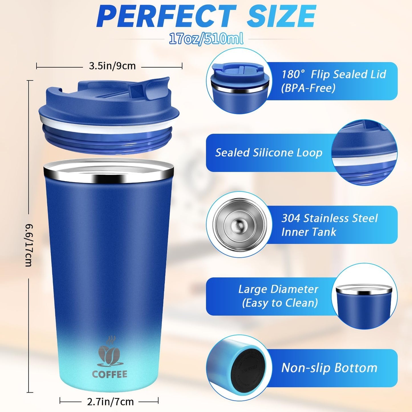 Insulated Travel Coffee Mug Reusable Coffee Tumbler Cup with Flip Lid Leak Proof Spill Proof for Office School Party Camping Hot and Cold Drink,Stainless Steel 17oz (Navy Blue)