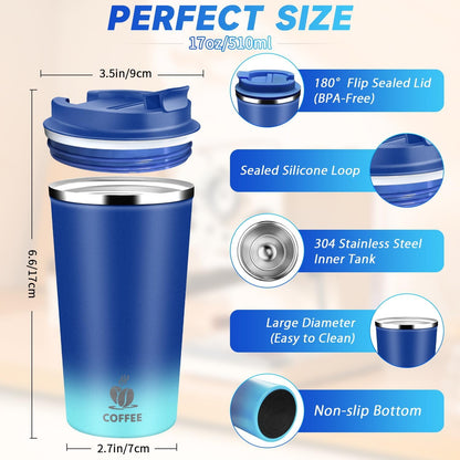 Insulated Travel Coffee Mug Reusable Coffee Tumbler Cup with Flip Lid Leak Proof Spill Proof for Office School Party Camping Hot and Cold Drink,Stainless Steel 17oz (Navy Blue)