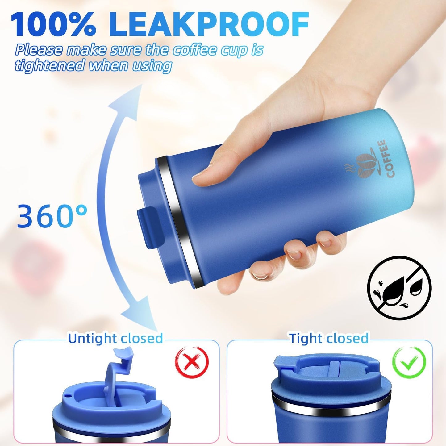 Insulated Travel Coffee Mug Reusable Coffee Tumbler Cup with Flip Lid Leak Proof Spill Proof for Office School Party Camping Hot and Cold Drink,Stainless Steel 17oz (Navy Blue)