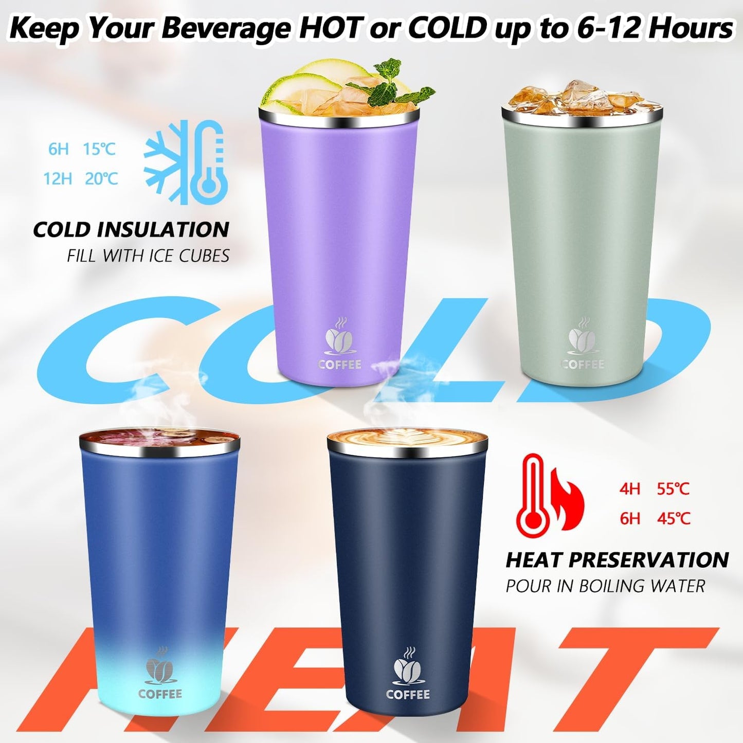 Insulated Travel Coffee Mug Reusable Coffee Tumbler Cup with Flip Lid Leak Proof Spill Proof for Office School Party Camping Hot and Cold Drink,Stainless Steel 17oz (Navy Blue)