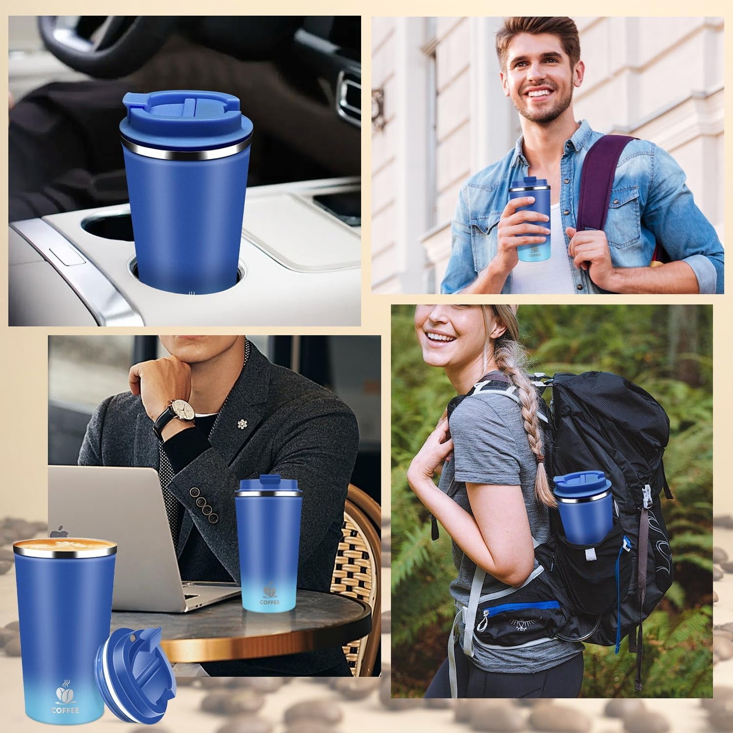 Insulated Travel Coffee Mug Reusable Coffee Tumbler Cup with Flip Lid Leak Proof Spill Proof for Office School Party Camping Hot and Cold Drink,Stainless Steel 17oz (Navy Blue)