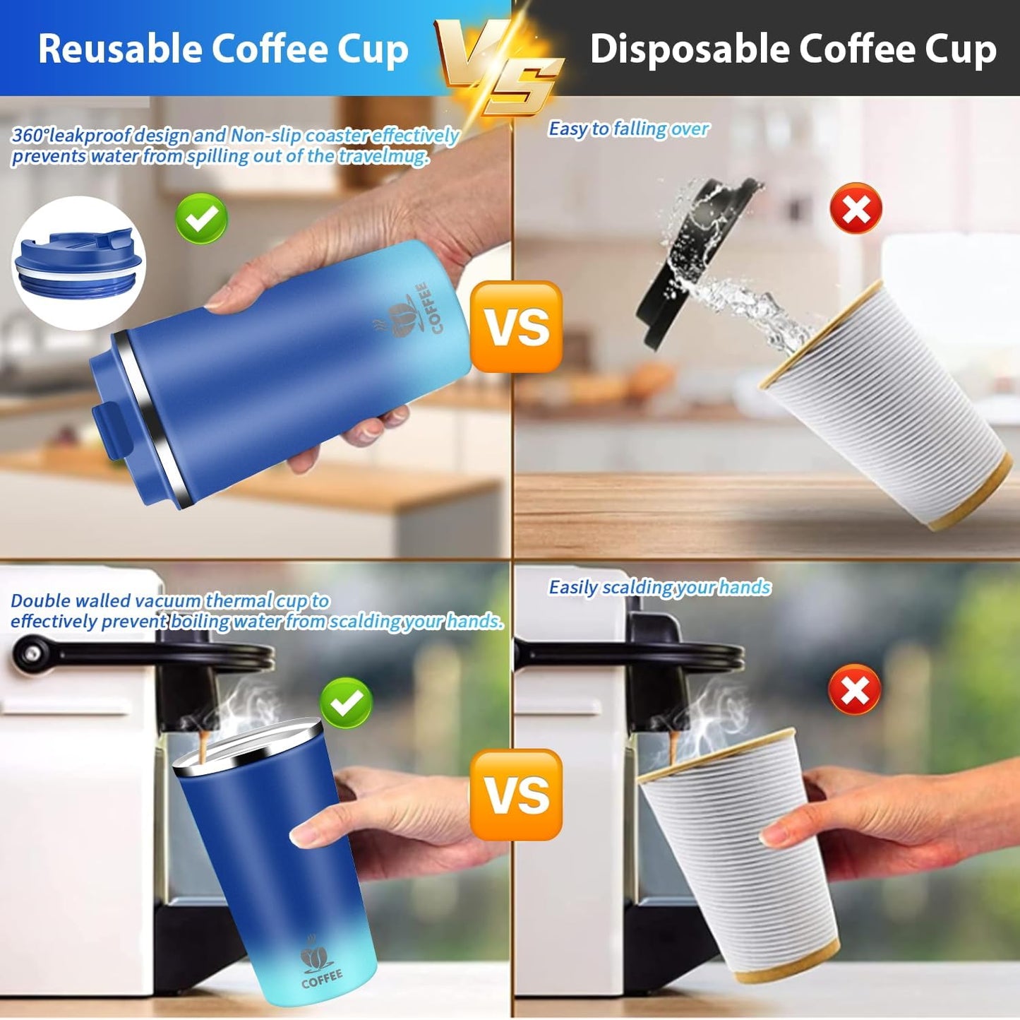 Insulated Travel Coffee Mug Reusable Coffee Tumbler Cup with Flip Lid Leak Proof Spill Proof for Office School Party Camping Hot and Cold Drink,Stainless Steel 17oz (Navy Blue)