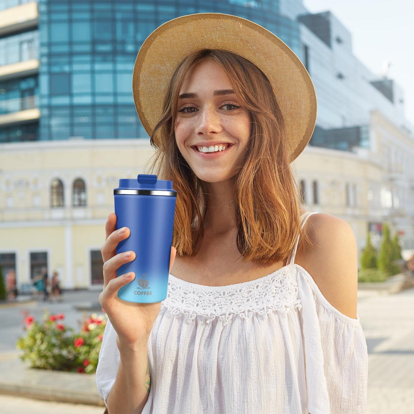 Insulated Travel Coffee Mug Reusable Coffee Tumbler Cup with Flip Lid Leak Proof Spill Proof for Office School Party Camping Hot and Cold Drink,Stainless Steel 17oz (Navy Blue)