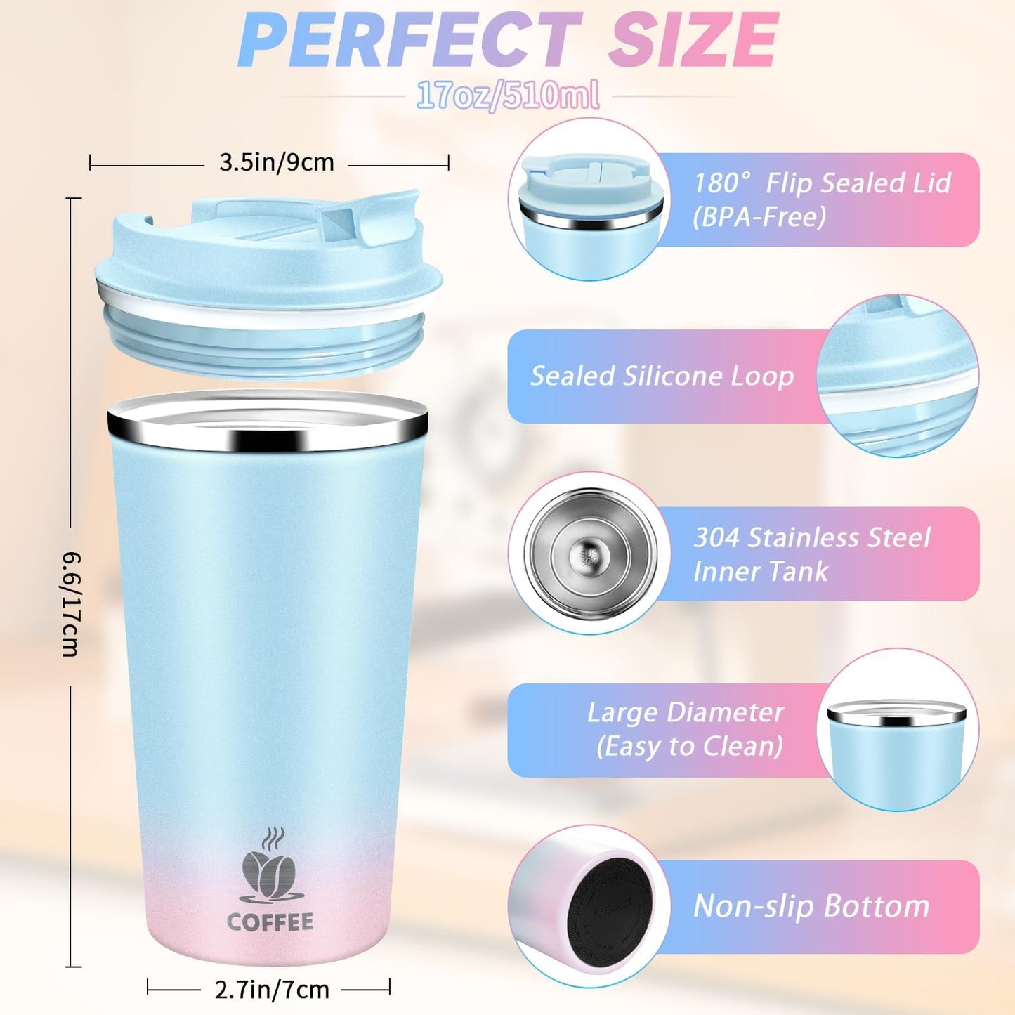 Insulated Travel Coffee Mug Reusable Coffee Tumbler Cup with Flip Lid Leak Proof Spill Proof for Office School Party Camping Hot and Cold Drink,Stainless Steel 17oz (Navy Blue)