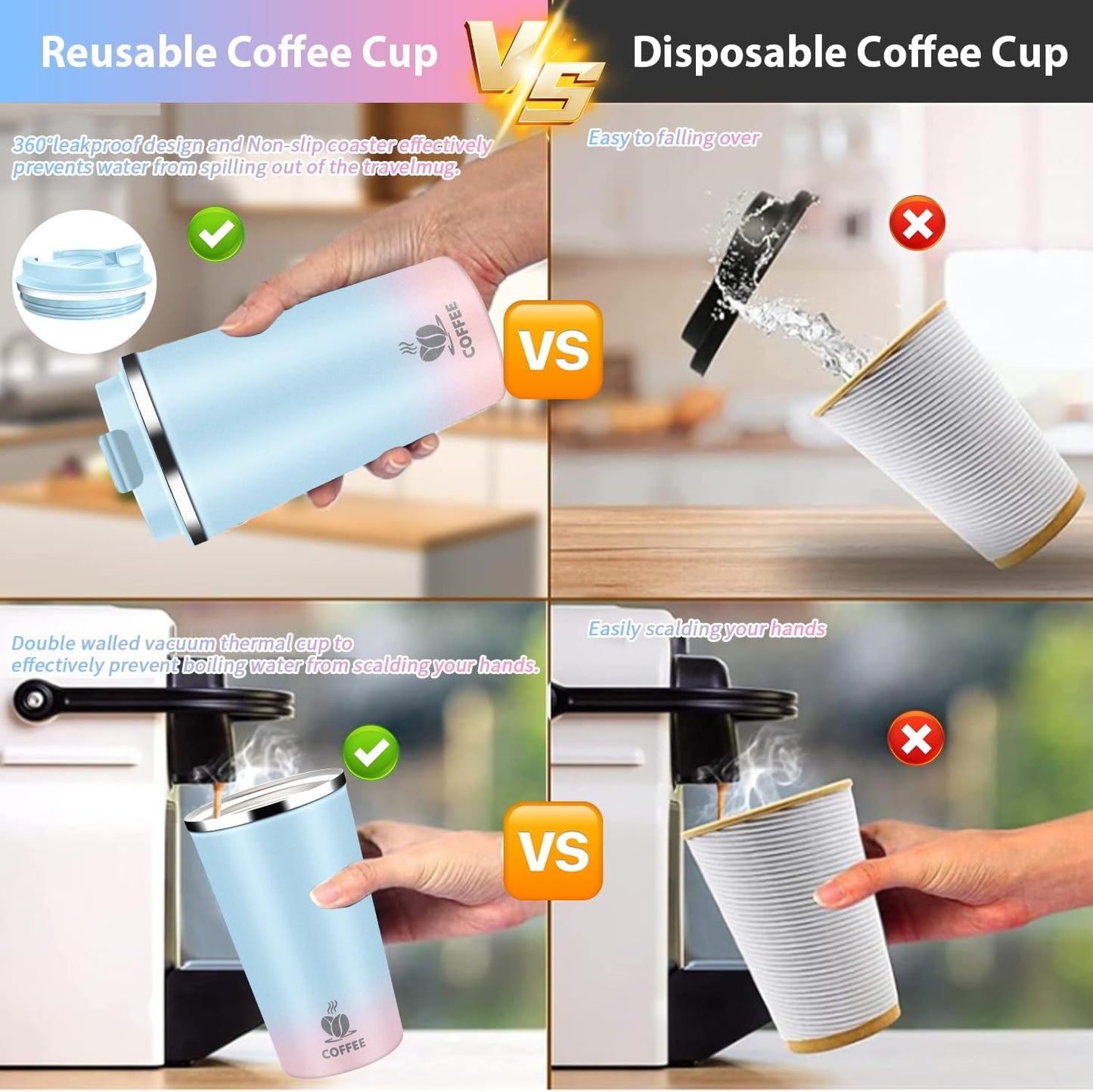 Insulated Travel Coffee Mug Reusable Coffee Tumbler Cup with Flip Lid Leak Proof Spill Proof for Office School Party Camping Hot and Cold Drink,Stainless Steel 17oz (Navy Blue)