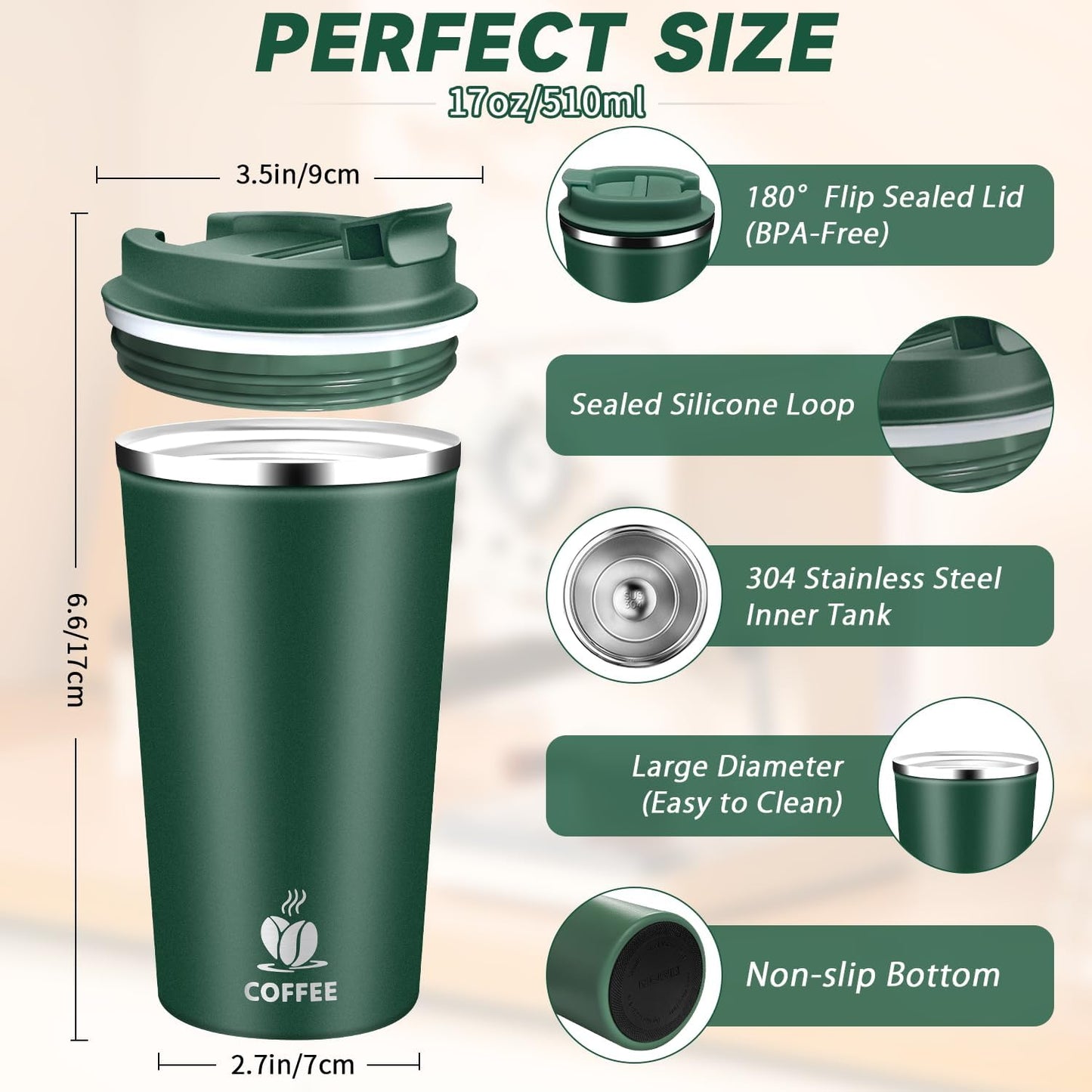 Insulated Travel Coffee Mug Reusable Coffee Tumbler Cup with Flip Lid Leak Proof Spill Proof for Office School Party Camping Hot and Cold Drink,Stainless Steel 17oz (Navy Blue)