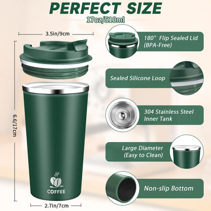 Insulated Travel Coffee Mug Reusable Coffee Tumbler Cup with Flip Lid Leak Proof Spill Proof for Office School Party Camping Hot and Cold Drink,Stainless Steel 17oz (Navy Blue)