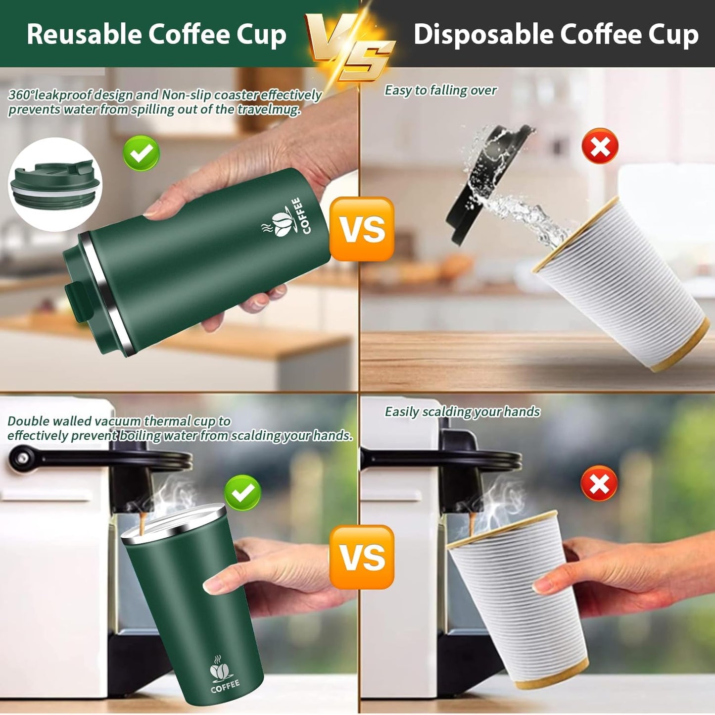 Insulated Travel Coffee Mug Reusable Coffee Tumbler Cup with Flip Lid Leak Proof Spill Proof for Office School Party Camping Hot and Cold Drink,Stainless Steel 17oz (Navy Blue)