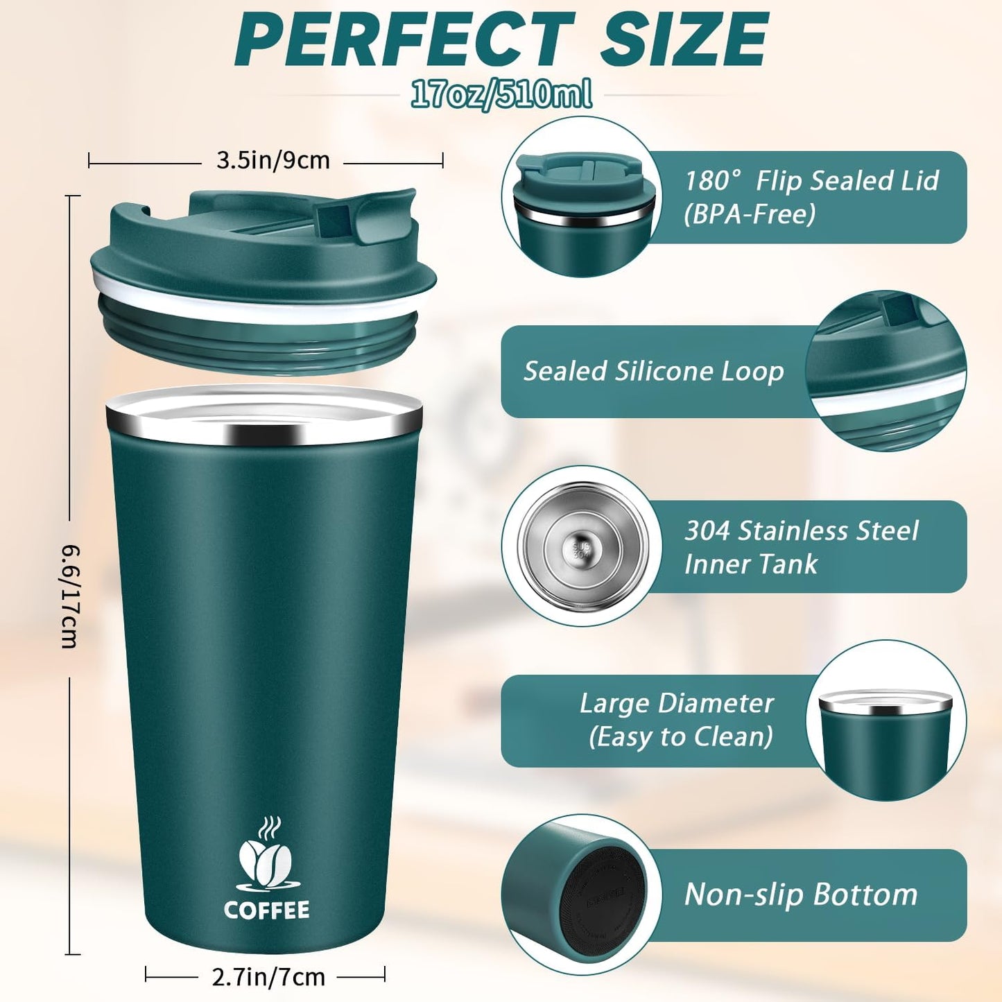 Insulated Travel Coffee Mug Reusable Coffee Tumbler Cup with Flip Lid Leak Proof Spill Proof for Office School Party Camping Hot and Cold Drink,Stainless Steel 17oz (Navy Blue)