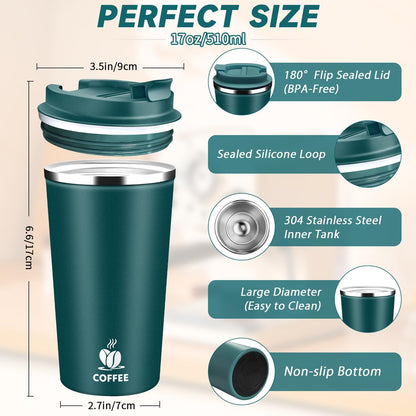 Insulated Travel Coffee Mug Reusable Coffee Tumbler Cup with Flip Lid Leak Proof Spill Proof for Office School Party Camping Hot and Cold Drink,Stainless Steel 17oz (Navy Blue)