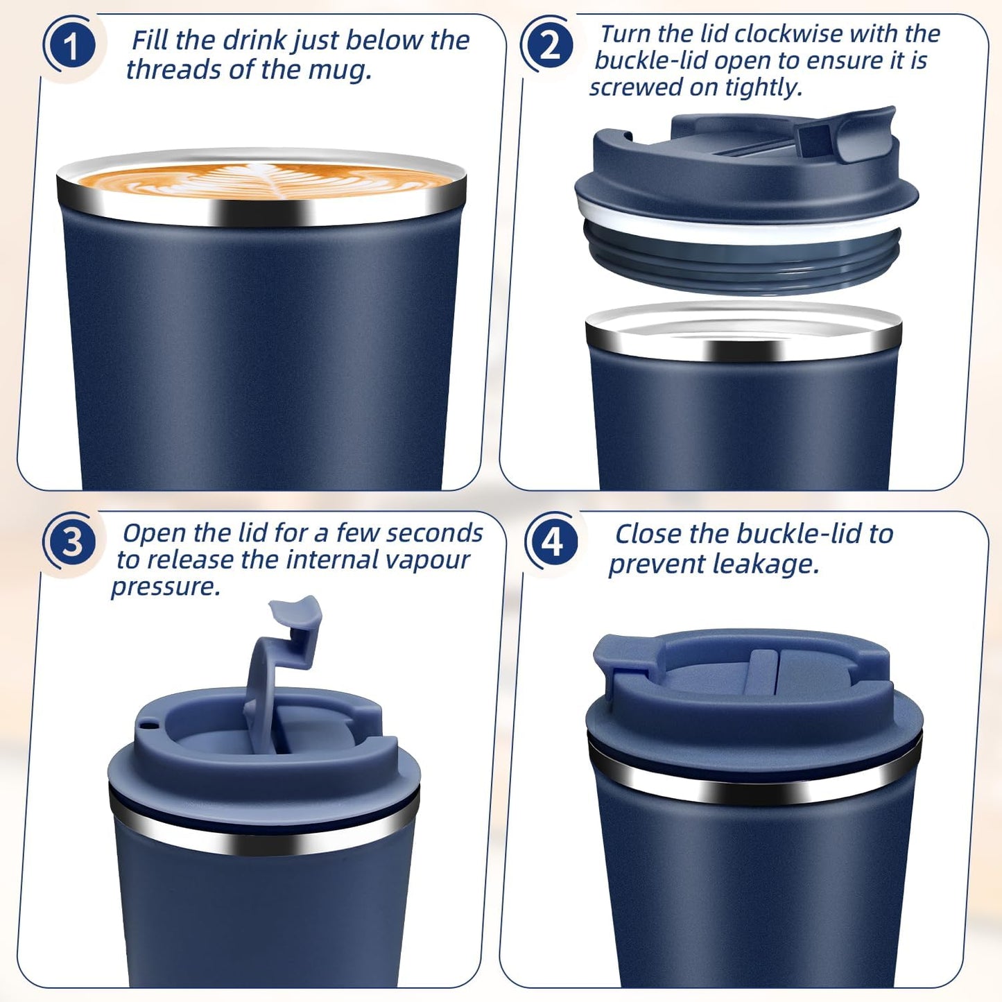 Insulated Travel Coffee Mug Reusable Coffee Tumbler Cup with Flip Lid Leak Proof Spill Proof for Office School Party Camping Hot and Cold Drink,Stainless Steel 17oz (Navy Blue)