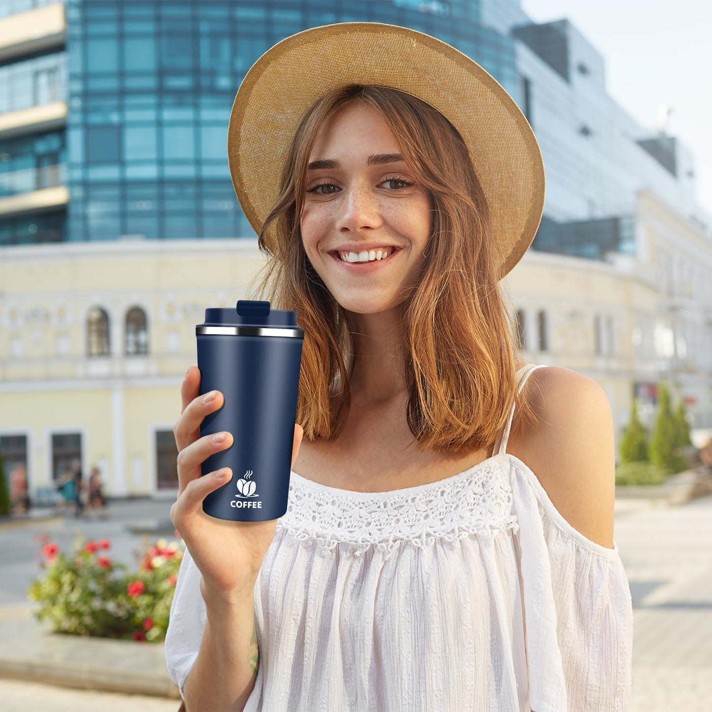 Insulated Travel Coffee Mug Reusable Coffee Tumbler Cup with Flip Lid Leak Proof Spill Proof for Office School Party Camping Hot and Cold Drink,Stainless Steel 17oz (Navy Blue)