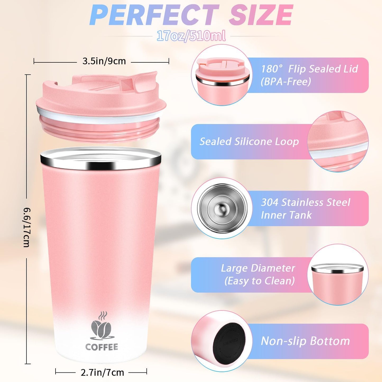 Insulated Travel Coffee Mug Reusable Coffee Tumbler Cup with Flip Lid Leak Proof Spill Proof for Office School Party Camping Hot and Cold Drink,Stainless Steel 17oz (Navy Blue)